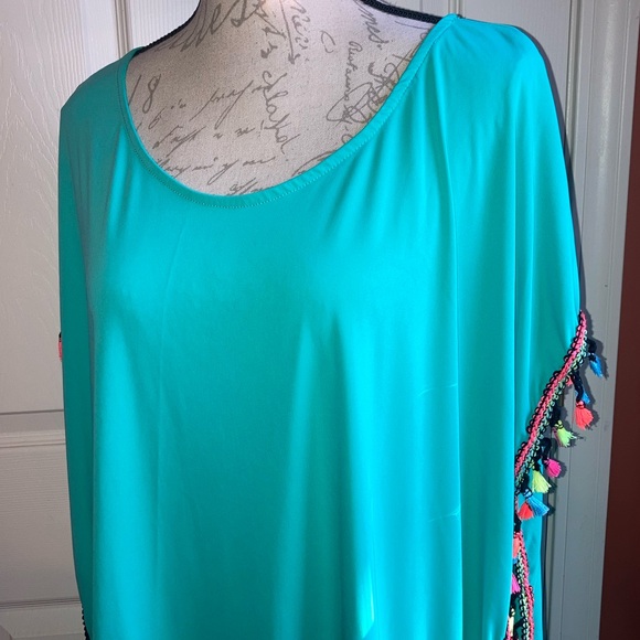 Neon Pom Pom Fringe Teal Swim Pool Vacation Resortwear Coverup sz L-XXL - Picture 5 of 8